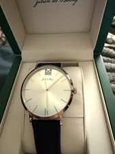 Julien de Bourg Quartz Silver Dial Stainless Steel Watch Black Leather Strap Box