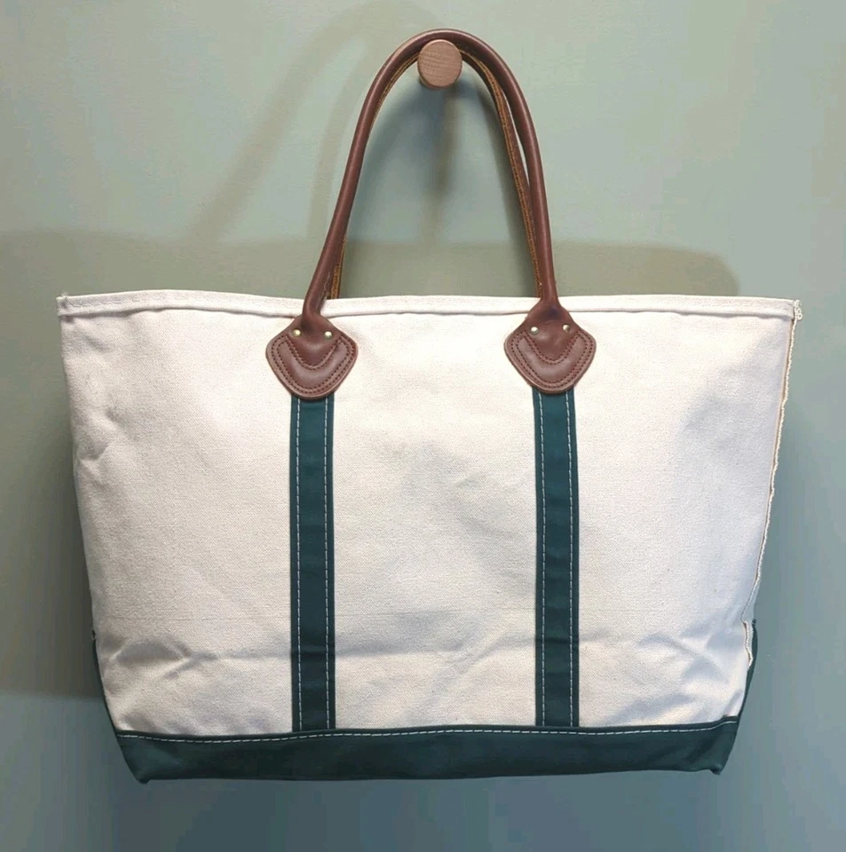Rare VTG 70s/80s LL Bean Boat & Tote Bag Leather Handles White/Green VGUC LARGE - Image 4 of 4