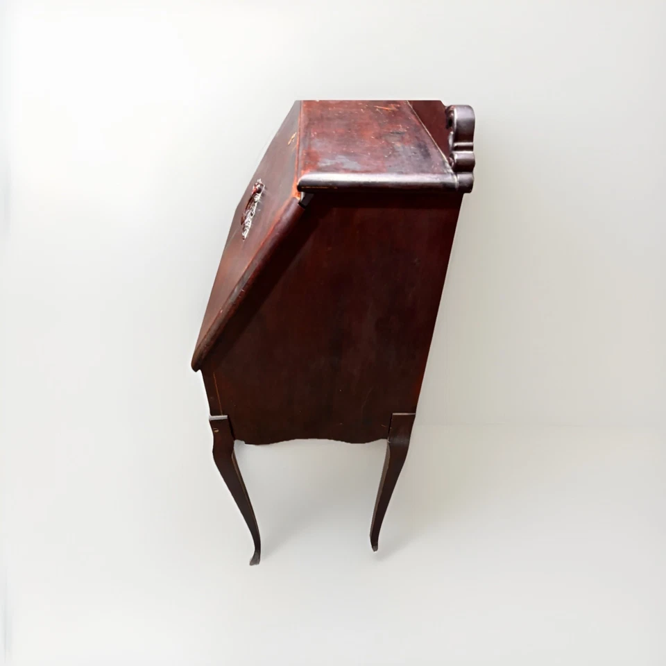 Escritorio antiguo vintage de secretaria Queen Anne estilo caoba, madera dura, mcm Foto 3 de 4