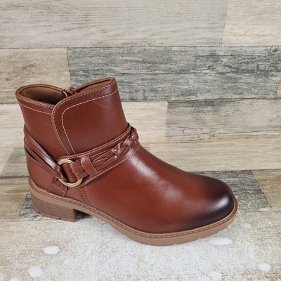Clarks Hearth Kaylie Womens Ankle Boots Sz 8 M Tan Leather Side Zip Block Heel