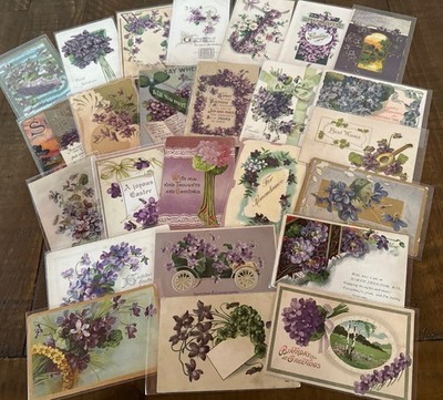 Nice~Lot of 25 Vintage~Greetings Postcards with Violets Flowers~in Sleeves~r386