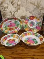 🦩 Pink Flamingo Melamine  Set of 4 Tropical Sunset Design