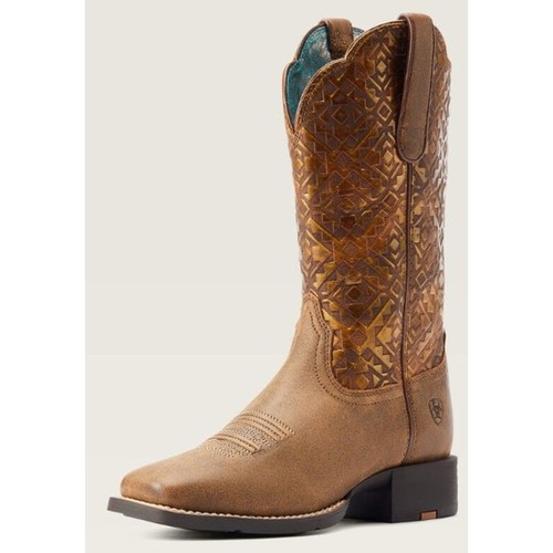 Ariat Round Up Wide Square Toe Cowboy Boot Bare Brown Copper Blanket Emboss 7B - Picture 2 of 9