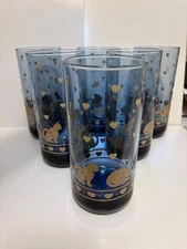 Vintage Anchor Hocking, 6 Tumblers,  Glass Cats & Hearts, Tall 6 1/2"