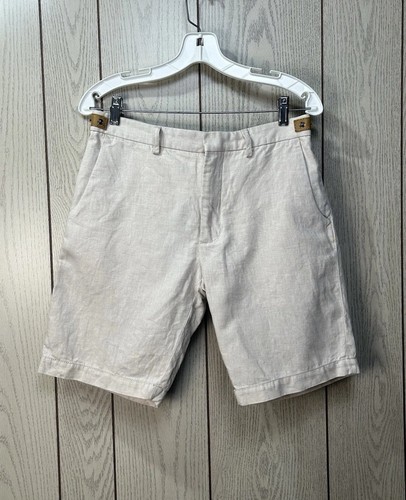 Zara Man Linen Standard Men US 32 Oatmeal Shorts Adj Waist Snaps Casual Summer