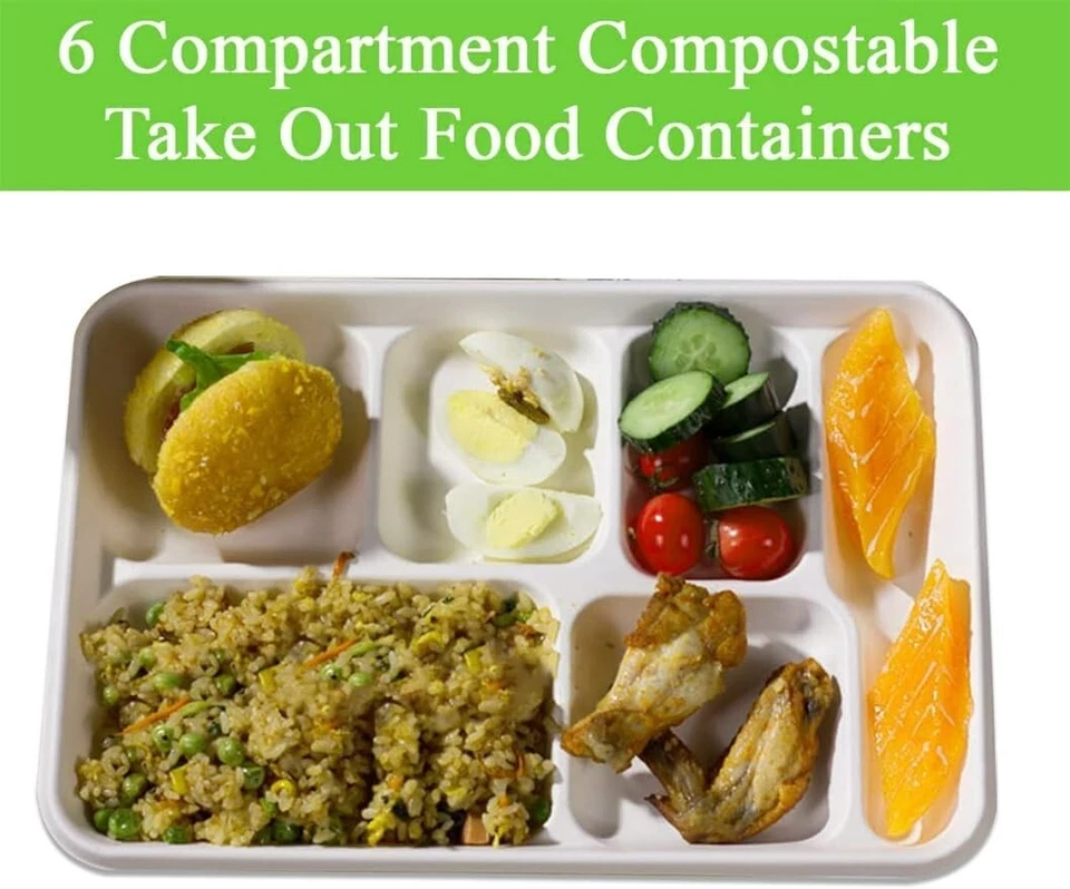 Disposable Plates 6 Compartment Trays Eco-Friendly Bagasse Dinner Plates 25 Pcs - Image 4 of 4