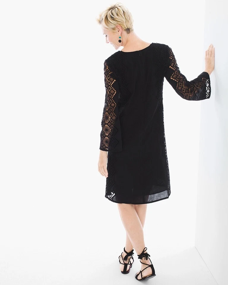 Vestido Chicos Shift Feminino 0.5 Preto Crochê Renda Lateral Decote V Manga Longa Algodão - Imagem 2 de 4