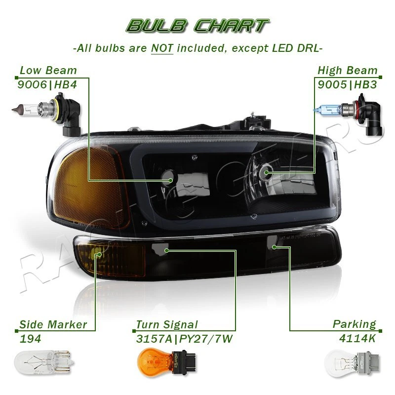 FOR GMC YUKON/SIERRA 1500 2500 BLACK/SMOKE DRL LED HEADLIGHTS+BUMPER W/AMBER - Image 4 of 4