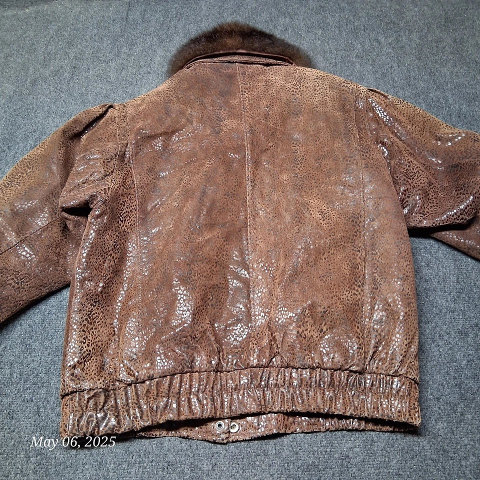 Винтажная кожаная куртка Pelle размер средний анималистический принт бомбер отделка из натурального меха - Изображение 4 из 4