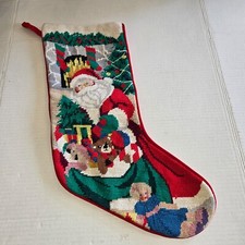Vtg Needlepoint Lined Christmas Stocking Santa Claus Fireplace Bag of Toys 18"