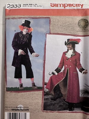 Simplicity Patterns 2333 Mens Pirate Mad Hatter Captain Hook Size L-XL Uncut