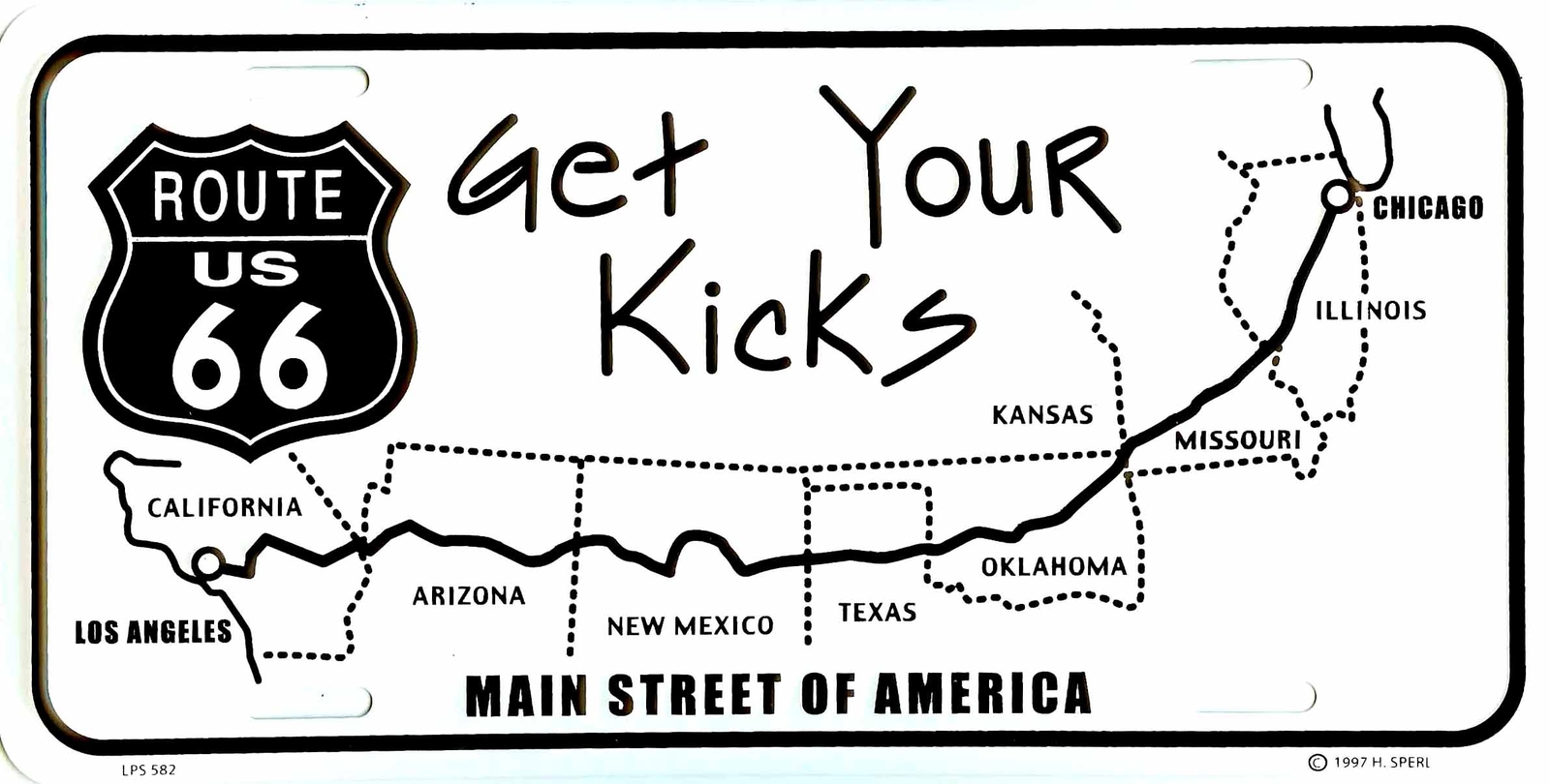 ROUTE 66 METAL LICENSE PLATE GET YOUR KICKS #2 ILLINOIS KANSAS CALIFORNIA #582