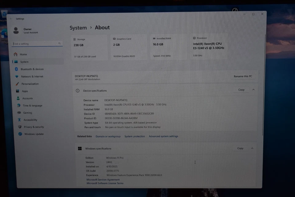HP Z240 Intel Quad Xeon E3-1240v5 16GB RAM 256GB SSD Windows 11 Pro NVidia K620 - Image 3 of 4