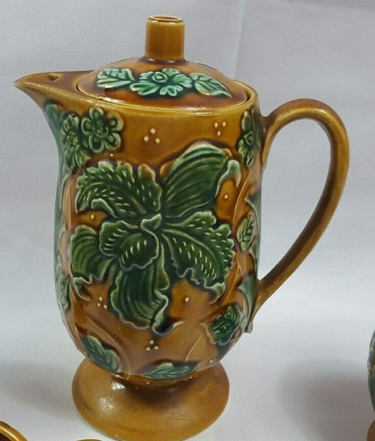 ROYAL SEALY TEA SET FOOTED MUGS GREEN LEAVES MAJOLICA JAPAN Vintage eBay