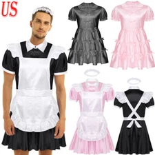 US Men's Bowknot Satin French Maid Uniform Crossdressing Lingerie Costume Dress
