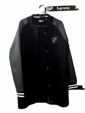 Fila Women’s Varsity Jacket Coat W Crystal Rhinestone Logo Sz L Black Leather