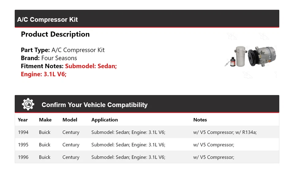 Kit de compresor de aire acondicionado V6 3,1 L sedán Buick Century 1994-1996 4 estaciones 1995 Foto 2 de 4