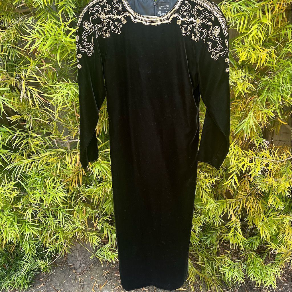 Vintage Le Crillon Black Velvet Beaded Long Evening Dress Size 8 Party Cocktail