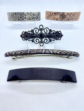 5pc Vintage Barrette Lot Black Metal Floral Plastic Snakeskin Hair Clips