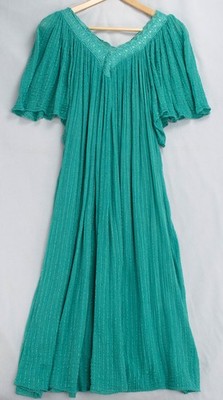 Teal Full Shift Cotton Dress One-Size Embroidered Trim