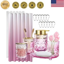 Pink Glass Bathroom Accessories Set with Shower Curtain and Liner, 7-Piece Ba...