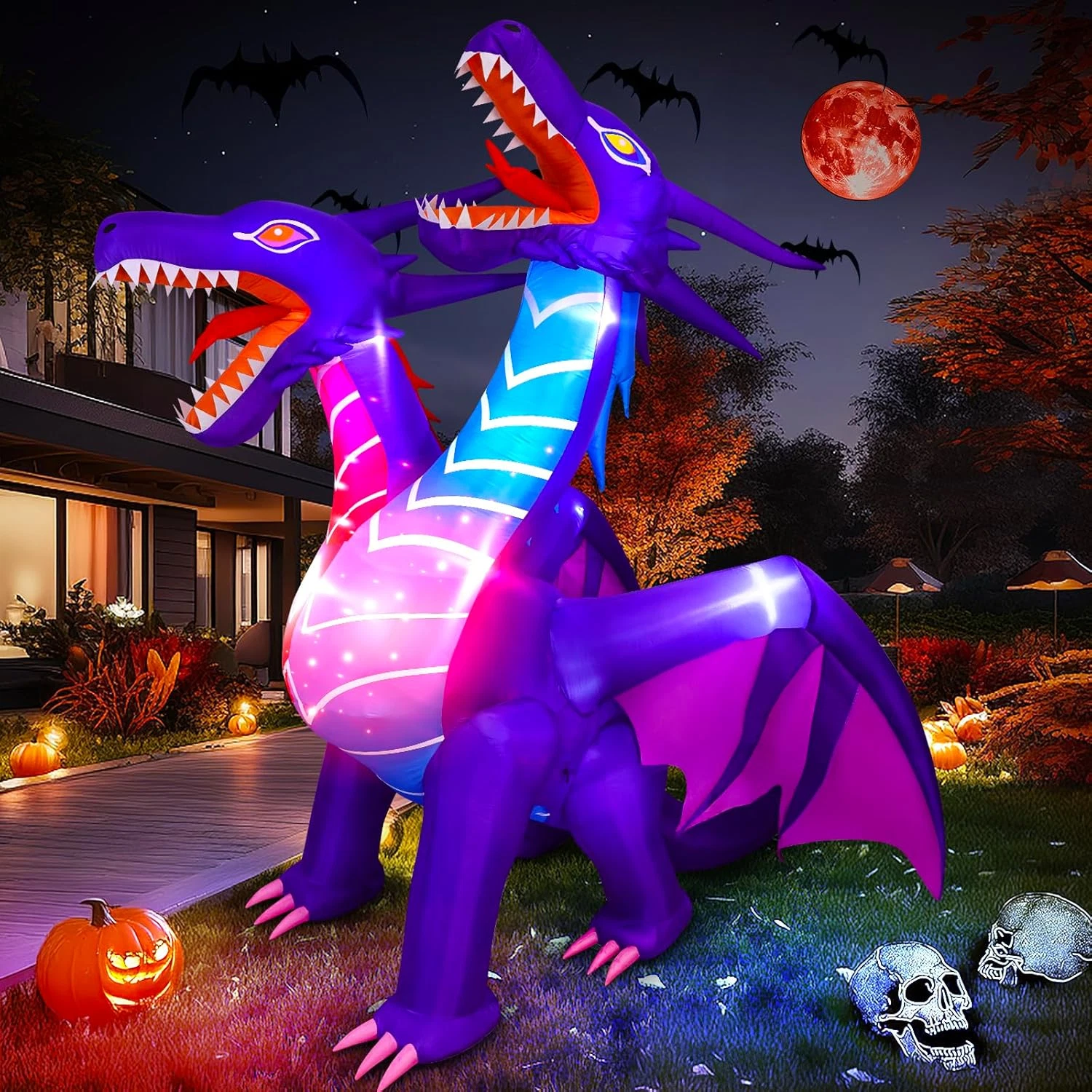 8FT Halloween Inflatable Dragon with LED Lights Outdoor Yard Lawn Decoration