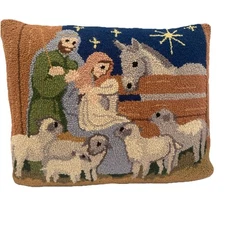 Nativity Scene Wool Hooked Pillow Mary Jos. Sheep Christmas Theme 100% Wool