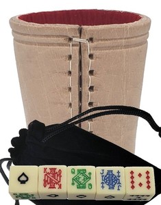Genuine Leather Compact Dice Cup + 16mm Ivory Poker Dice w/Spades "Ace" w/Pouch