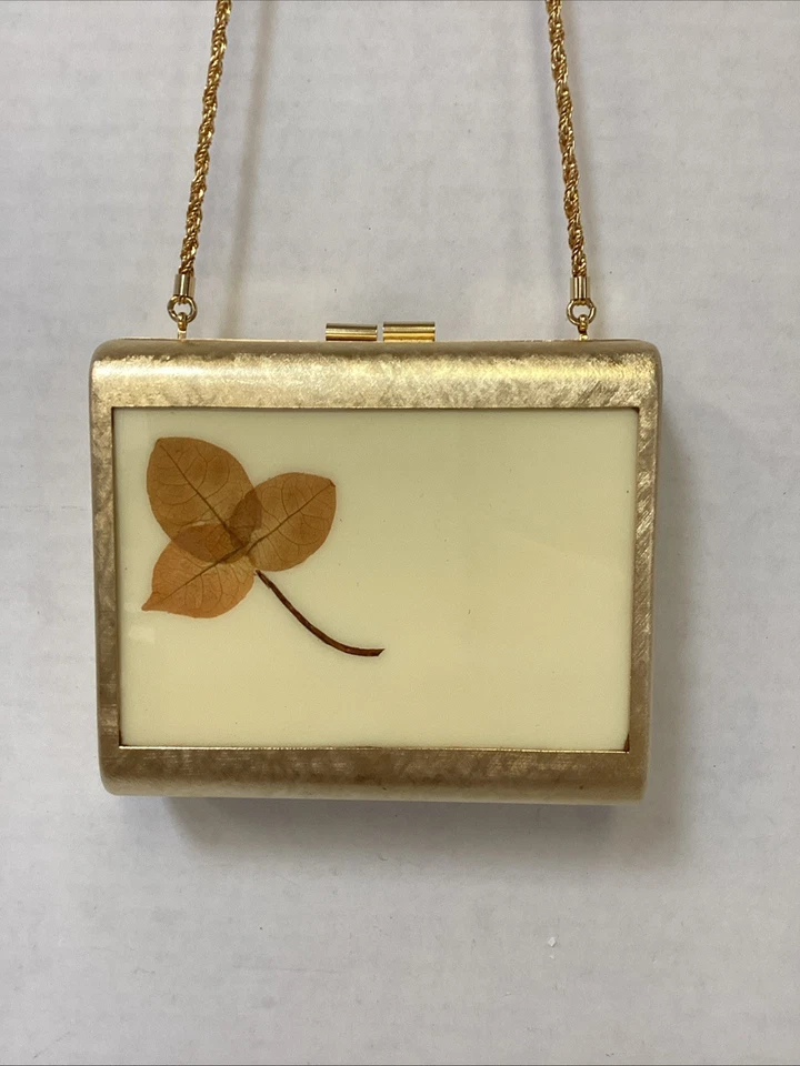 Bolso sin asas dorado dorado de colección ITALIA - Carcasa dura, marrón terciopelo forrado Bolso de noche Cartera Foto 2 de 4