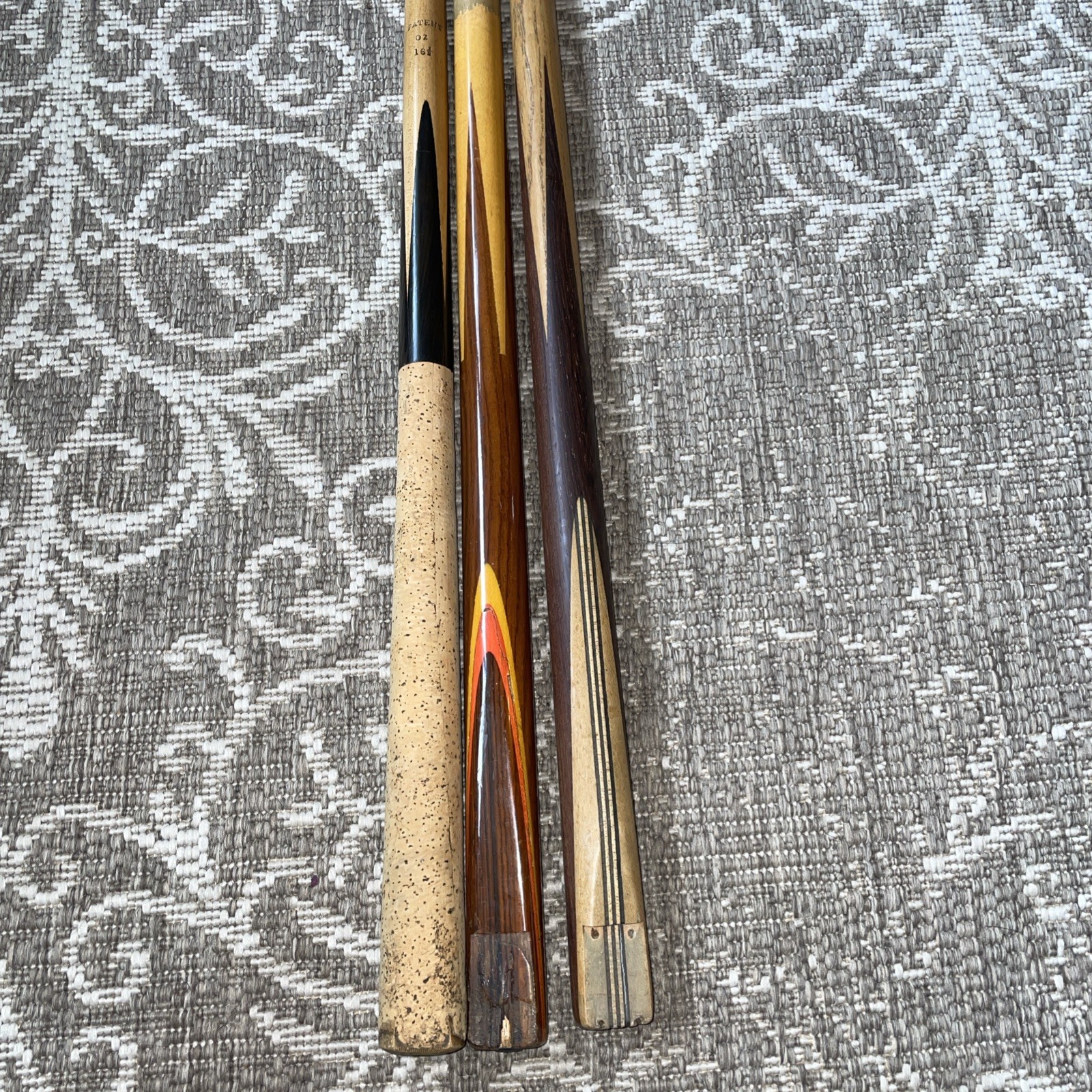 3 Snooker Cues, 2 Antique & 1 1970’s maple & Ash, Cork and ebony Butt