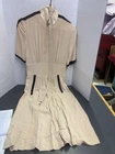 Vintage 30s 40s Rayon Crepe Day Dress Champagne w Black Sequins Contrast w Belt