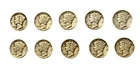 A Lot of Ten Circulated Mercury Dimes. 90 Percent Silver. Mixed Dates.