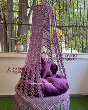 Cotton Macrame Hanging Chair: Lavender Boho Swing with Star Cushion