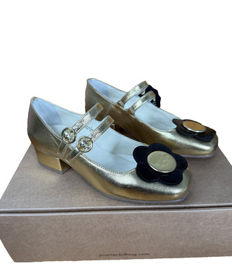 Joanie Schuhe Damen Größe UK 3 Gold Retro schöner Blockabsatz Blume Mary Janes