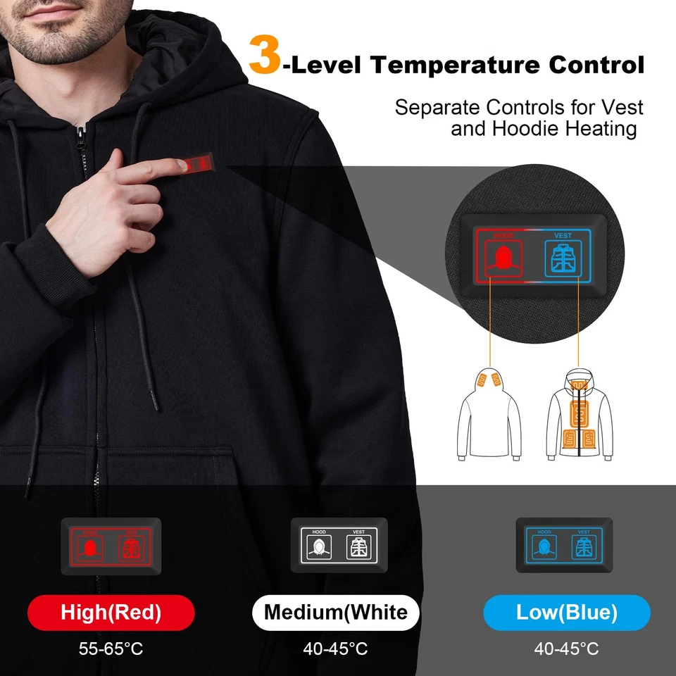 Sweat à Capuche Chauffante Veste pour Homme Femme avec Batterie Électrique Ve... - Photo 3/4