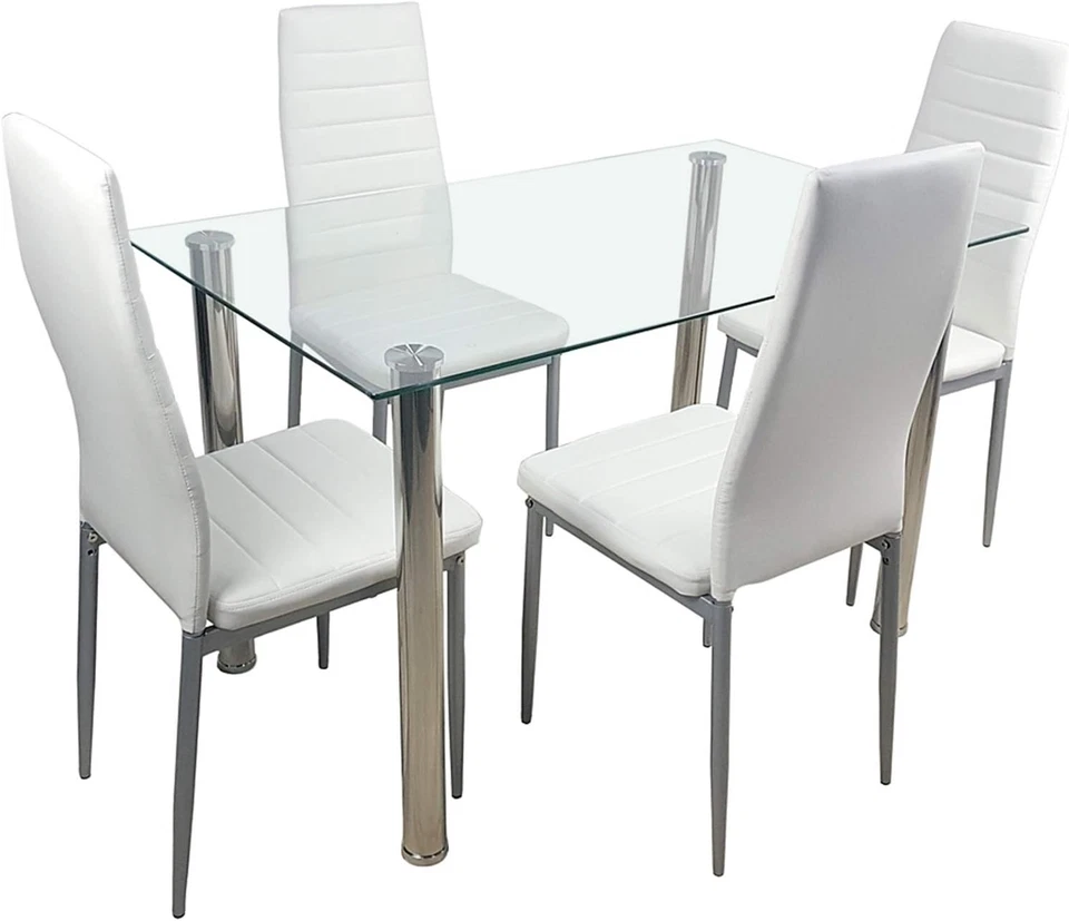 5-Piece Dining Table Set Glass Dining Table Pu Leather Chairs, Modern Silver Set - Image 3 of 4