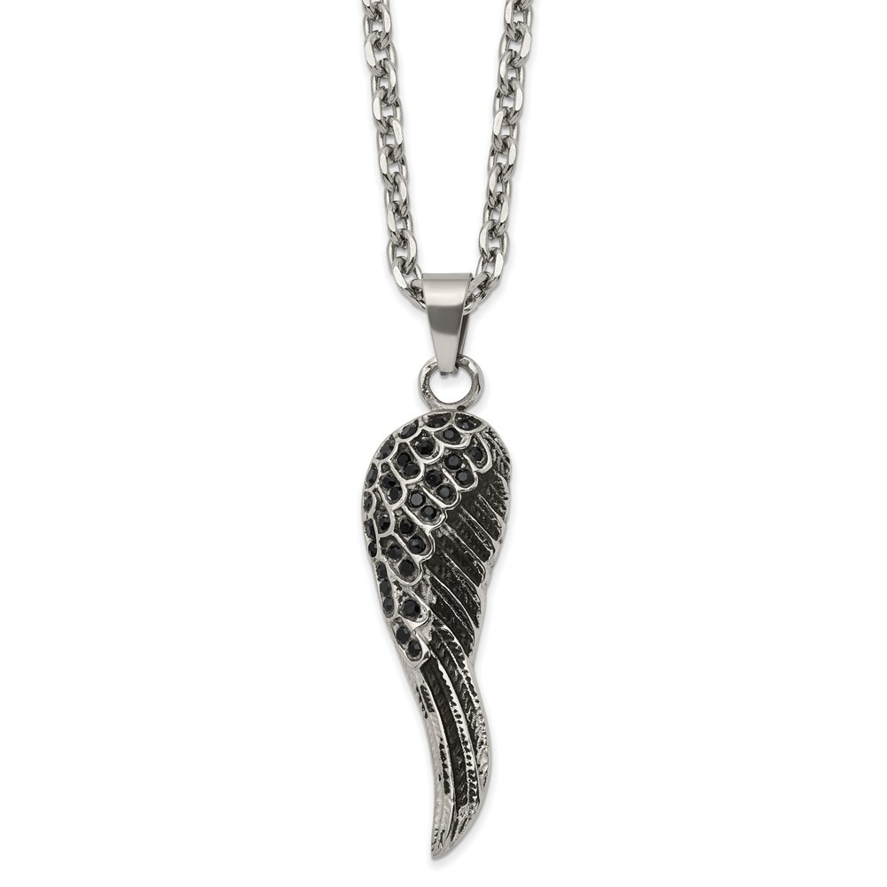 Stainless Steel with Black Crystal Wing Pendant Cable Chain Necklace 25.5