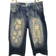 Vtg 90s Y2K Miskeen Denim Jean Shorts Jorts Embroidered Baggy Skater Jnco 42
