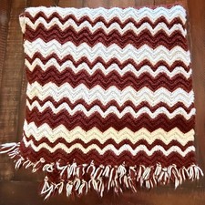 Vtg Handmade Crochet Afghan Blanket Chevron Ripple Burgundy Cream Throw 84x46