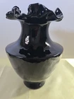 Fenton Glass Vase Black Ruffled Top.