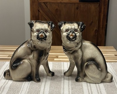 Pair of Vintage Staffordshire Style Porcelain Pug Dogs Figurines 9 Inches Tall