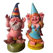 Set/2 Ebros Gift Hippie Gnome Garden Statues Free Spirit Pot Smoking & Gardening