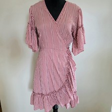 Max Studio Red Western Checkered Midi Dress Size M Ruffle Sleeve Wrap Design