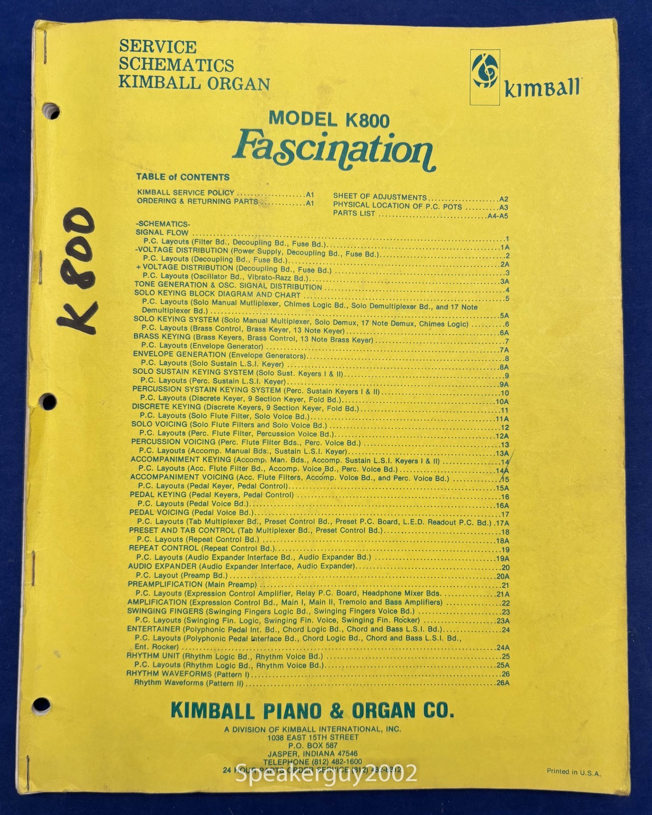 Original Kimball Organ K800 Fascination Schematic Manual