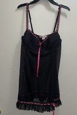 Victoria Secrets Black Babydoll Sheer 36C With Hot Pink Ribbon Accents
