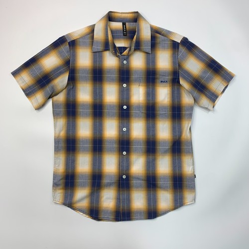 RVCA Shirt Mens S Small Yellow Blue Plaid Button Up Short Sleeve Drop Cut Pocket - Picture 2 of 11