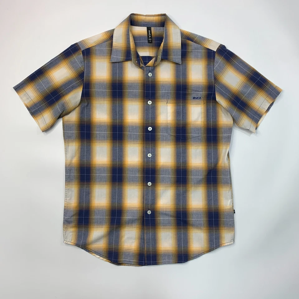 RVCA Shirt Mens S Small Yellow Blue Plaid Button Up Short Sleeve Drop Cut Pocket - Image 2 of 4
