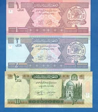 Afghanistan 1,2,10, Afghanis Uncirculated Banknotes Set # 3 Free Shipping