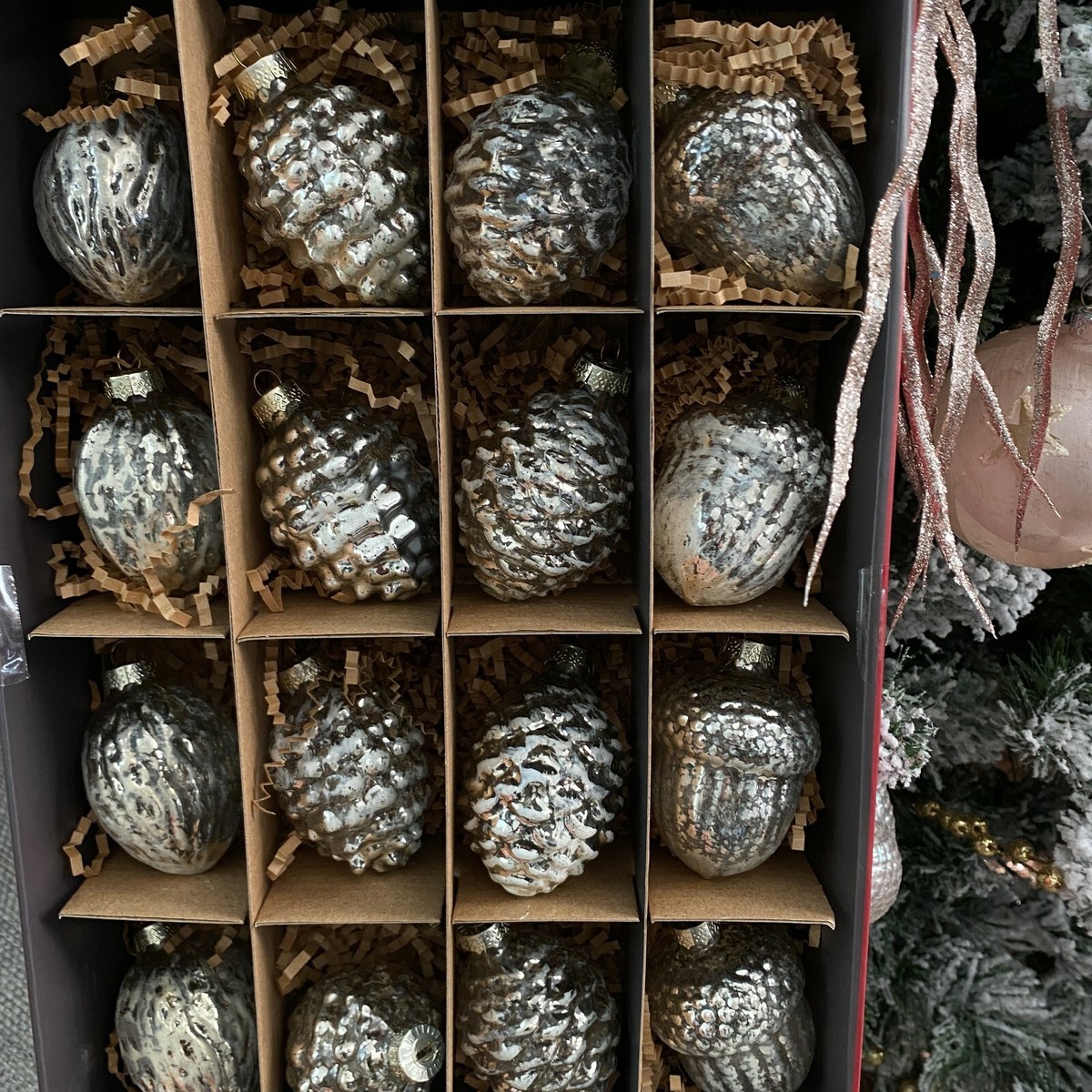 16 pc Martha Stewart Silver Mercury Glass Ornament Set Pinecone Acorn Frosted