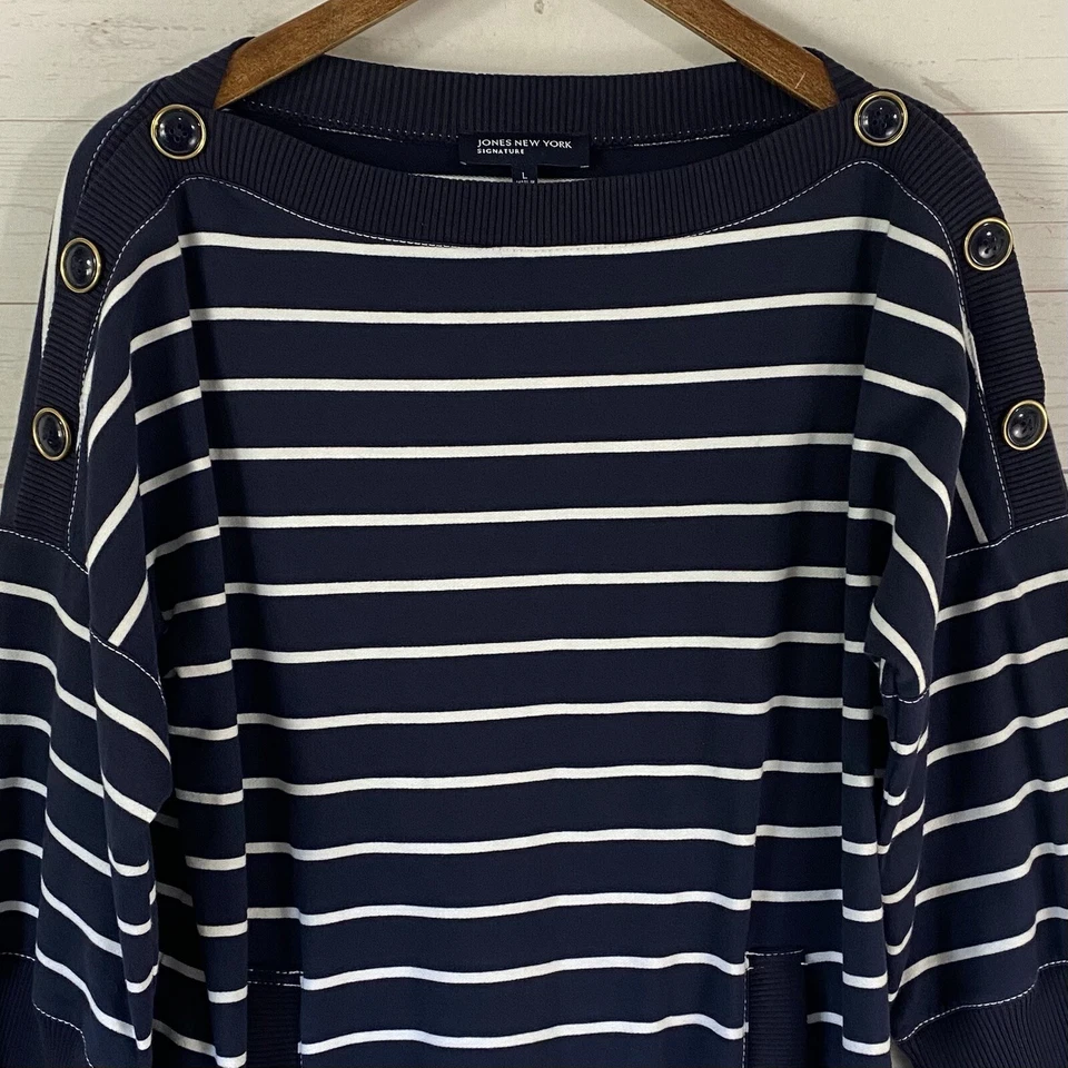 Jones New York Womens 3/4 Sleeve Pullover Sweatshirt Sz L Blue Stripe Boat Neck - Image 2 of 4